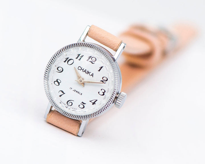 Delicate women micro watch silver shade Seagull, classic girl watch unused, vintage tiny watch minimalist gift premium nude leather band new