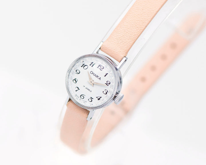 Delicate women micro watch silver shade Seagull, classic girl watch unused, vintage tiny watch minimalist gift premium nude leather band new