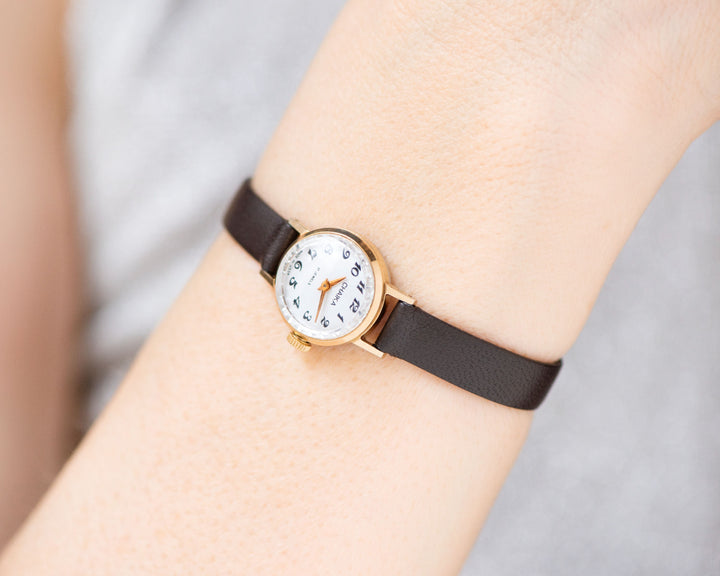 Super small wristwatch for women Seagull gold plated, vintage lady watch, simple women watch tiny jewelry gift, new premium leather strap