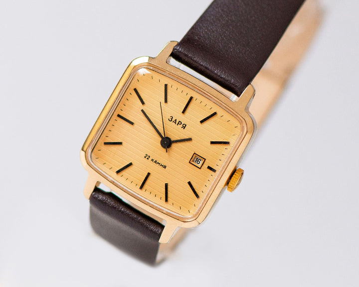 Unused women watch vintage Dawn, square lady watch gold plated, modern minimalist women wristwatch jewelry gift, new luxury leather strap