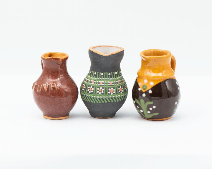 Super small pitchers set 3 handmade pottery for home decor or accessory, Lithuanian clay pitchers native pattern glazed souvenirs gift