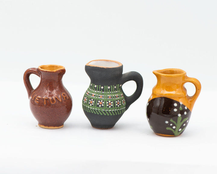 Super small pitchers set 3 handmade pottery for home decor or accessory, Lithuanian clay pitchers native pattern glazed souvenirs gift