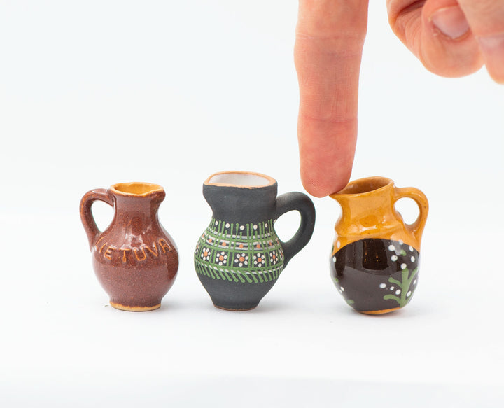 Super small pitchers set 3 handmade pottery for home decor or accessory, Lithuanian clay pitchers native pattern glazed souvenirs gift