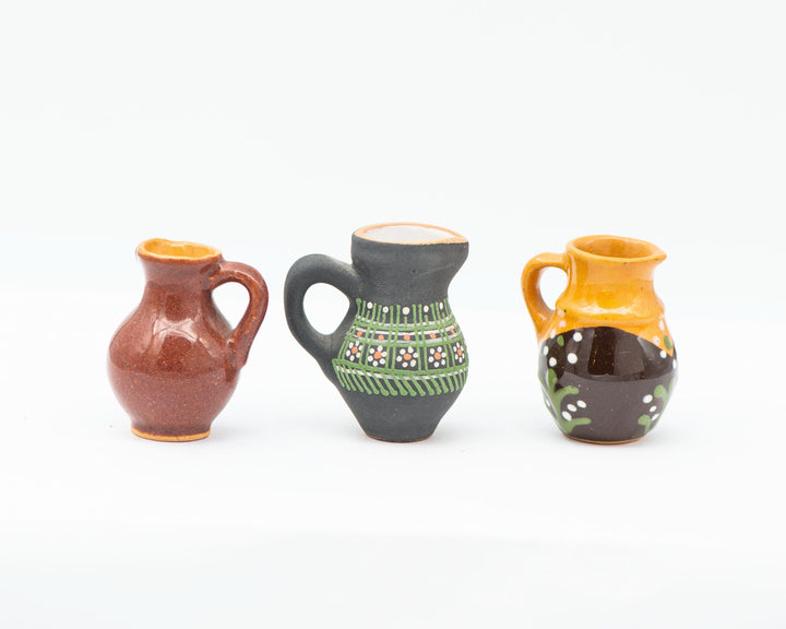 Super small pitchers set 3 handmade pottery for home decor or accessory, Lithuanian clay pitchers native pattern glazed souvenirs gift