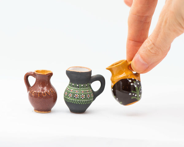 Super small pitchers set 3 handmade pottery for home decor or accessory, Lithuanian clay pitchers native pattern glazed souvenirs gift