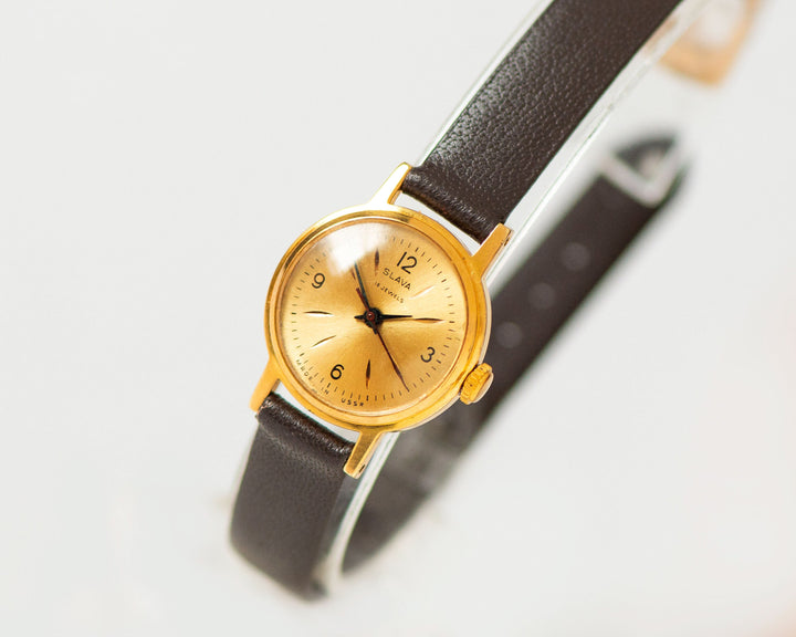 Limited edition wristwatch gold plated Glory, retro women watch minimalist jewelry gift, petite watch vintage, new premium leather strap