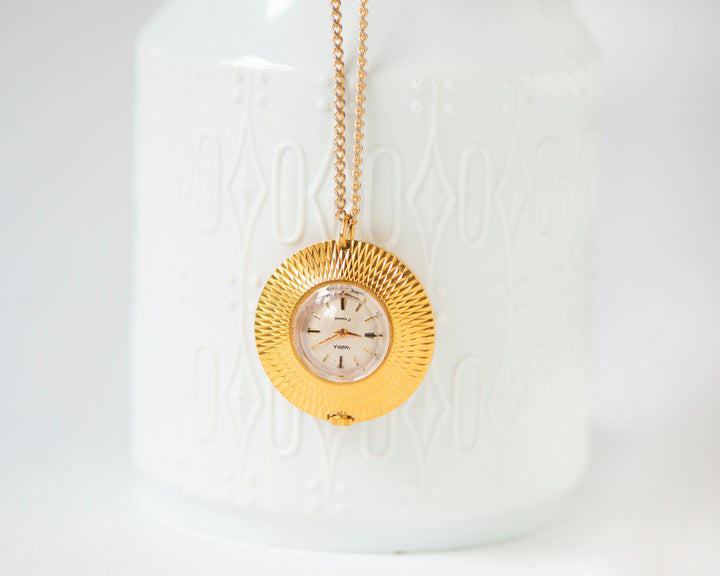 Vintage watch necklace Seagull gold plated pendant, sunburst case jewelry watch pendant retro gift, boho necklace graduation gift girl