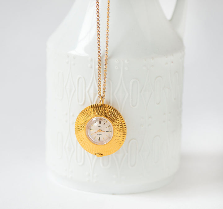 Vintage watch necklace Seagull gold plated pendant, sunburst case jewelry watch pendant retro gift, boho necklace graduation gift girl