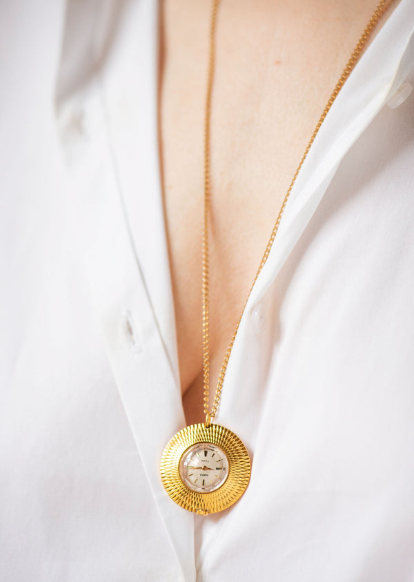 Vintage watch necklace Seagull gold plated pendant, sunburst case jewelry watch pendant retro gift, boho necklace graduation gift girl