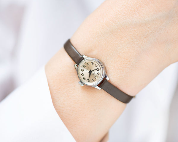 Classic women watch Seagull silver shade, delicate round lady micro watch, retro female timepiece gift unique new genuine leather strap