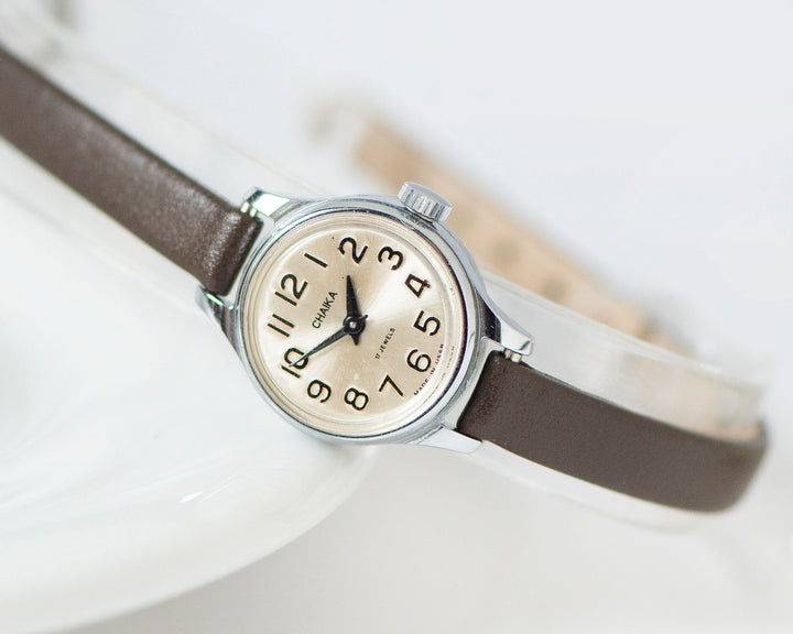 Classic women watch Seagull silver shade, delicate round lady micro watch, retro female timepiece gift unique new genuine leather strap