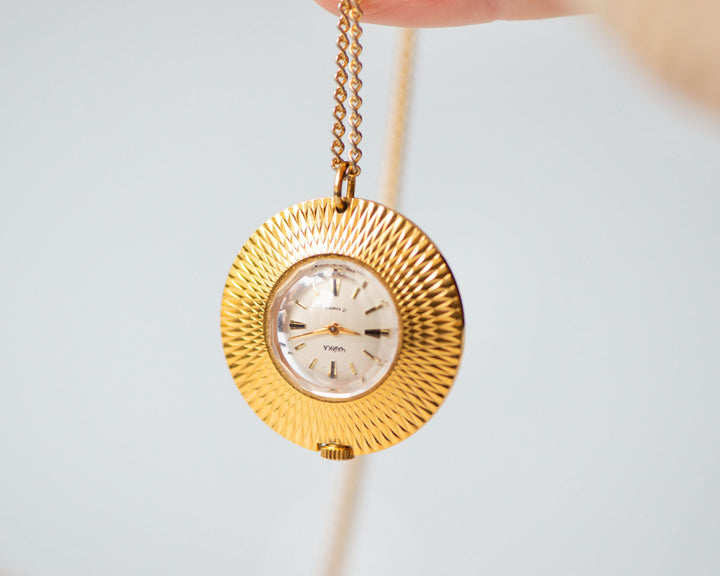 Vintage watch necklace Seagull gold plated pendant, sunburst case jewelry watch pendant retro gift, boho necklace graduation gift girl