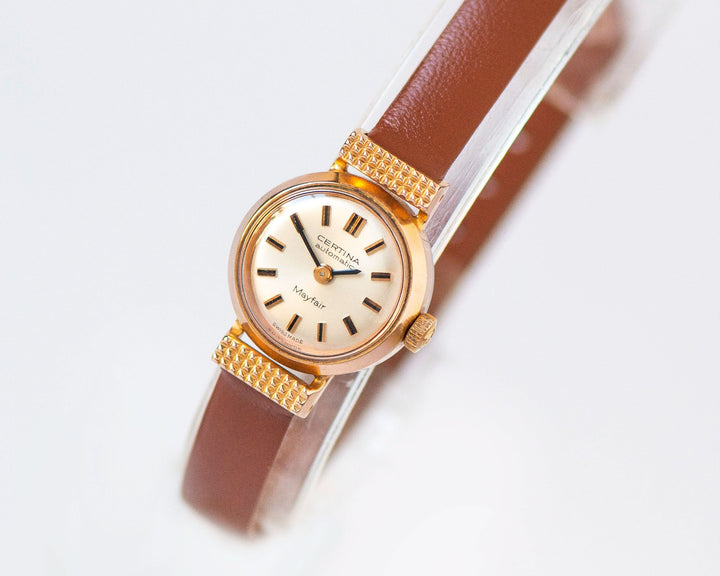 Unused women's watch Certina Mayfair gold plated, dainty lady watch 60s charm, self-winding watch jewelry vintage gift new leather band