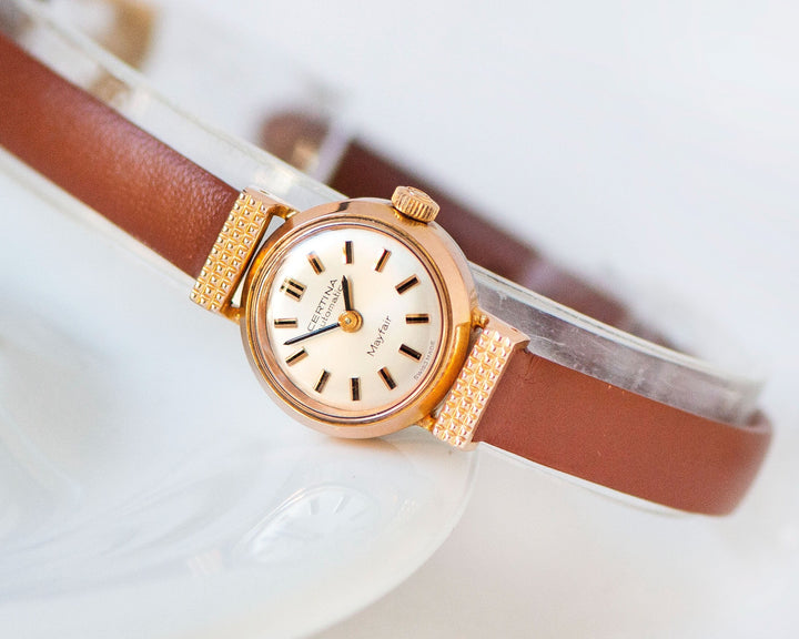 Unused women's watch Certina Mayfair gold plated, dainty lady watch 60s charm, self-winding watch jewelry vintage gift new leather band