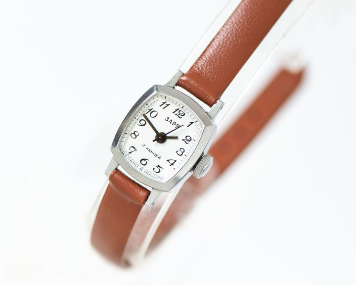 Vintage women's watch unused Dawn jewelry, small silver shade lady watch, minimalist watch classic for women, new premium leather strap