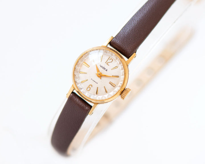 Absolutely rare women watch gold plated Seagull, classic girl wristwatch micro size vintage, sustainable jewelry, new luxury leather strap