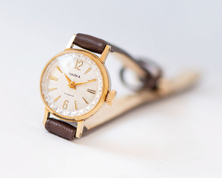 Absolutely rare women watch gold plated Seagull, classic girl wristwatch micro size vintage, sustainable jewelry, new luxury leather strap