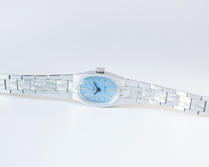 Blue cocktail watch for women silver shade RAY, dainty oval women's watch jewelry gift, vintage mint condition posh bracelet bride timepiece