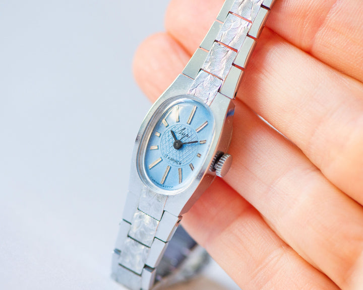 Blue cocktail watch for women silver shade RAY, dainty oval women's watch jewelry gift, vintage mint condition posh bracelet bride timepiece