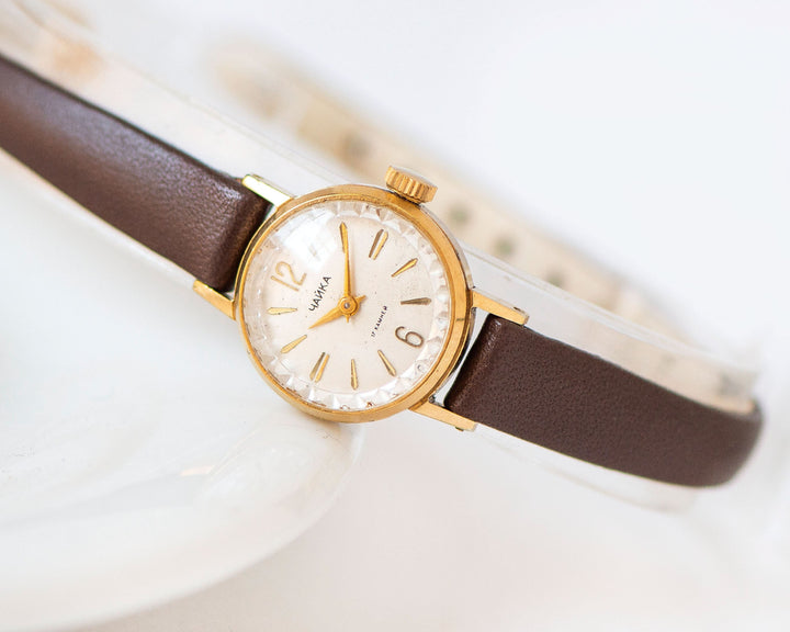 Absolutely rare women watch gold plated Seagull, classic girl wristwatch micro size vintage, sustainable jewelry, new luxury leather strap