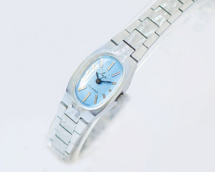 Blue cocktail watch for women silver shade RAY, dainty oval women's watch jewelry gift, vintage mint condition posh bracelet bride timepiece