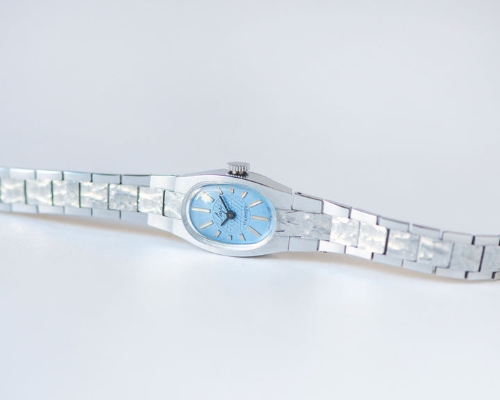 Blue cocktail watch for women silver shade RAY, dainty oval women's watch jewelry gift, vintage mint condition posh bracelet bride timepiece