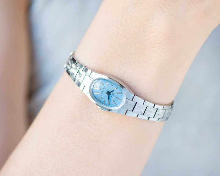 Blue cocktail watch for women silver shade RAY, dainty oval women's watch jewelry gift, vintage mint condition posh bracelet bride timepiece