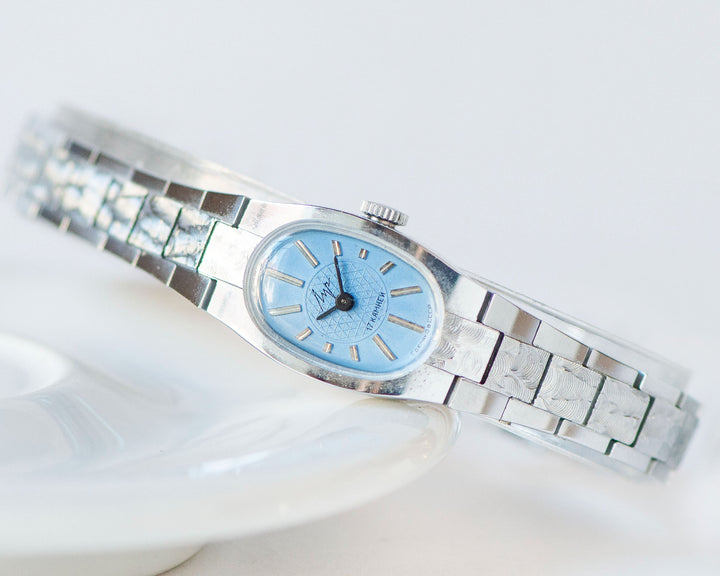 Blue cocktail watch for women silver shade RAY, dainty oval women's watch jewelry gift, vintage mint condition posh bracelet bride timepiece