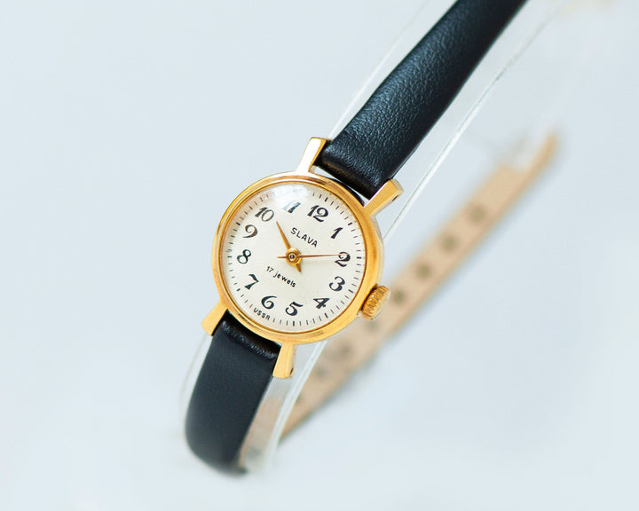 Classic women watch gold plated Glory unused, vintage lady watch Arabic numerals dial, delicate lady watch jewelry, new luxury leather strap