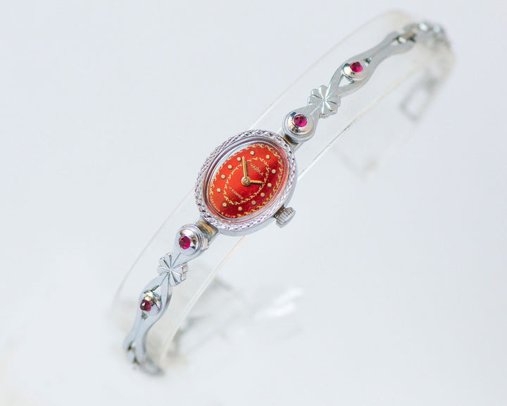 Red women cocktail watch Seagull, silver shade evening watch bracelet, oval dial lady watch small gift posh women watch floral jewelry lady