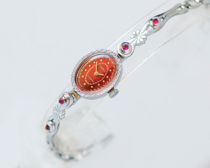 Red women cocktail watch Seagull, silver shade evening watch bracelet, oval dial lady watch small gift posh women watch floral jewelry lady