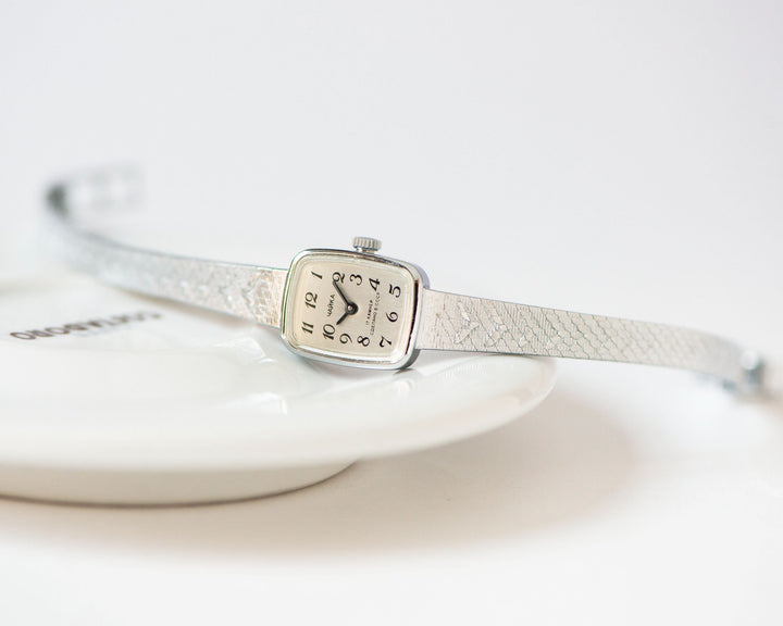 Unused cocktail watch for lady Seagull, vintage watch silver shade Arabic numerals dial, women jewelry rectangular wristwatch tiny bracelet