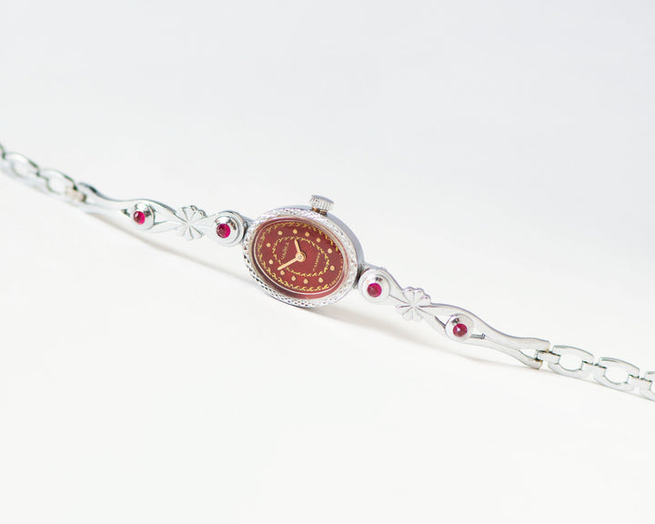 Red women cocktail watch Seagull, silver shade evening watch bracelet, oval dial lady watch small gift posh women watch floral jewelry lady