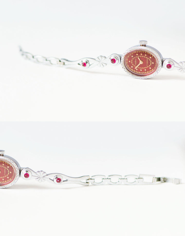 Red women cocktail watch Seagull, silver shade evening watch bracelet, oval dial lady watch small gift posh women watch floral jewelry lady