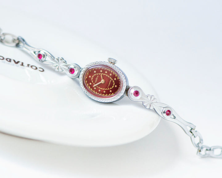 Red women cocktail watch Seagull, silver shade evening watch bracelet, oval dial lady watch small gift posh women watch floral jewelry lady