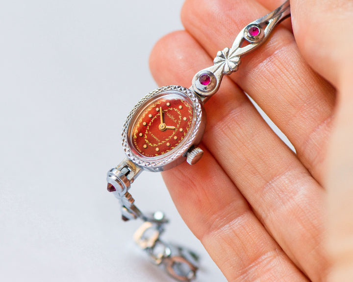 Red women cocktail watch Seagull, silver shade evening watch bracelet, oval dial lady watch small gift posh women watch floral jewelry lady