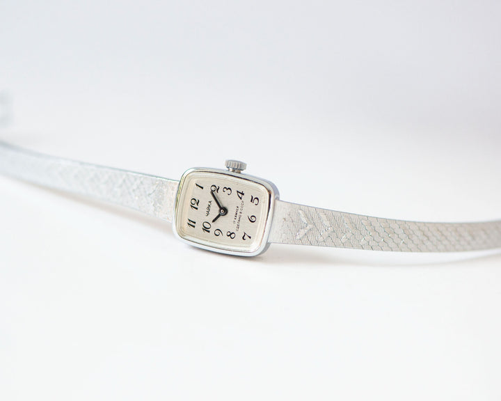 Unused cocktail watch for lady Seagull, vintage watch silver shade Arabic numerals dial, women jewelry rectangular wristwatch tiny bracelet