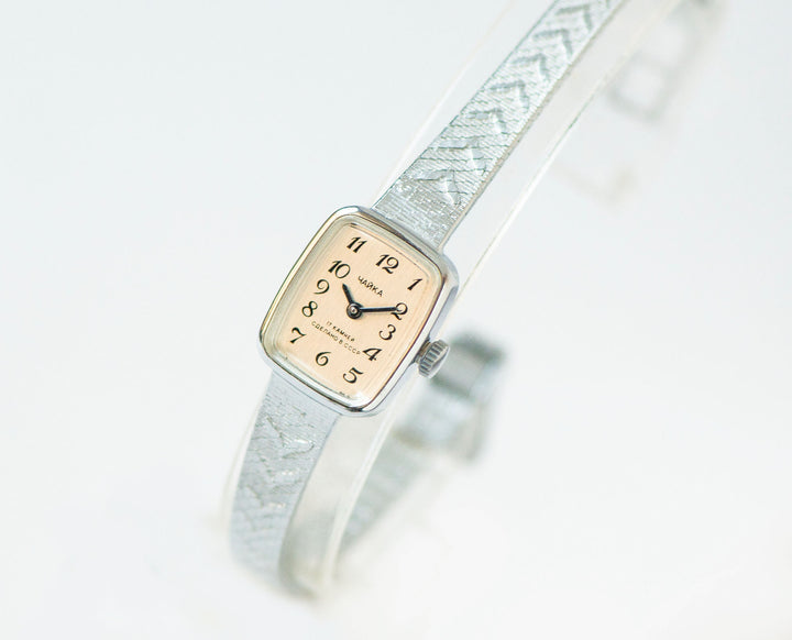 Unused cocktail watch for lady Seagull, vintage watch silver shade Arabic numerals dial, women jewelry rectangular wristwatch tiny bracelet