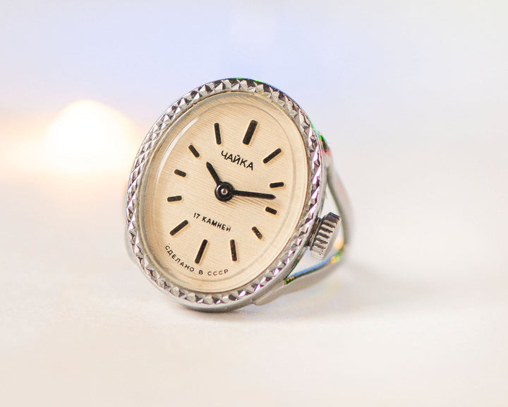 Women watch ring silver shade oval Seagull authentic design, vintage minimalist lady ring watch cocktail accessory finger watch jewelry gift