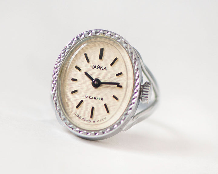 Women watch ring silver shade oval Seagull authentic design, vintage minimalist lady ring watch cocktail accessory finger watch jewelry gift