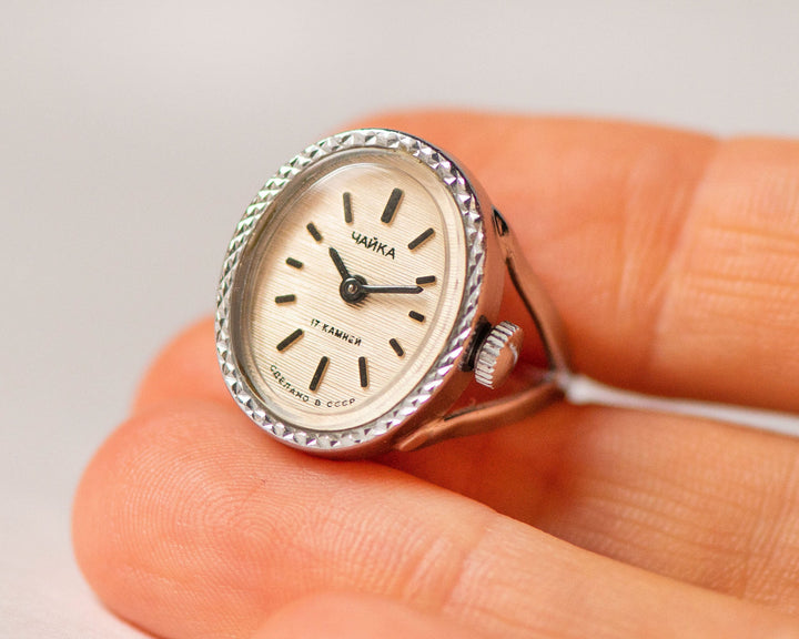 Women watch ring silver shade oval Seagull authentic design, vintage minimalist lady ring watch cocktail accessory finger watch jewelry gift