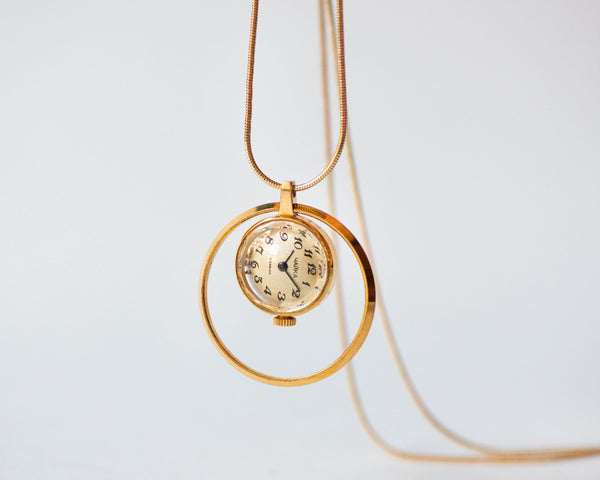 Women's watch pendant gold plated necklace Seagull, vintage watch on neck dainty minimalist jewelry Arabic numerals dial watch necklace gift