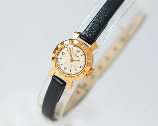 Dainty wristwatch for women gold plated Seagull, classic mid century timepiece feminine wrist jewelry gift, new premium leather strap