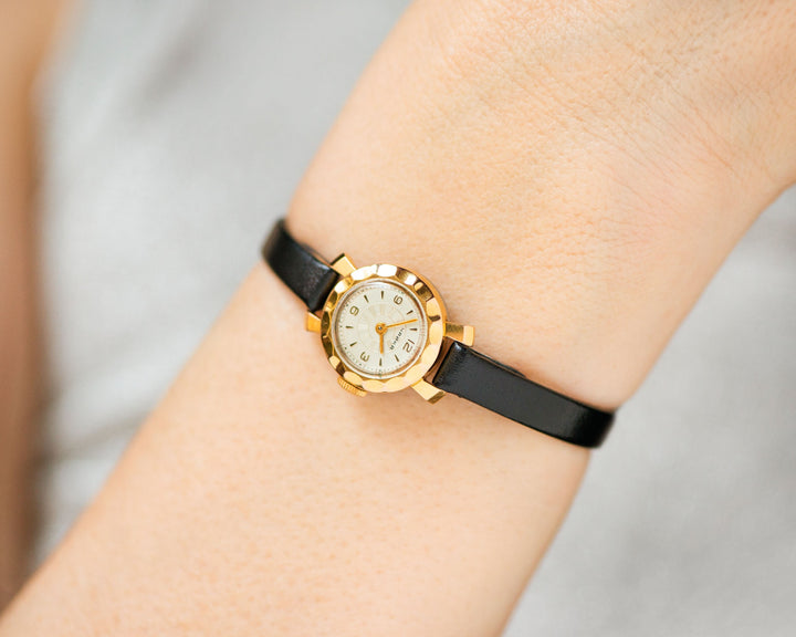 Dainty wristwatch for women gold plated Seagull, classic mid century timepiece feminine wrist jewelry gift, new premium leather strap