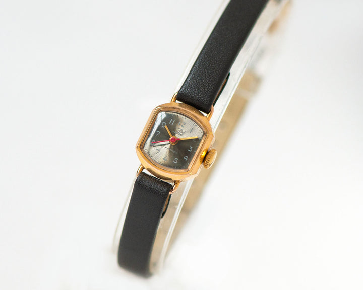 Vintage women's watch Dawn, delicate lady wristwatch minimalist, gold plated watch woman black classic jewelry gift new premium leather band