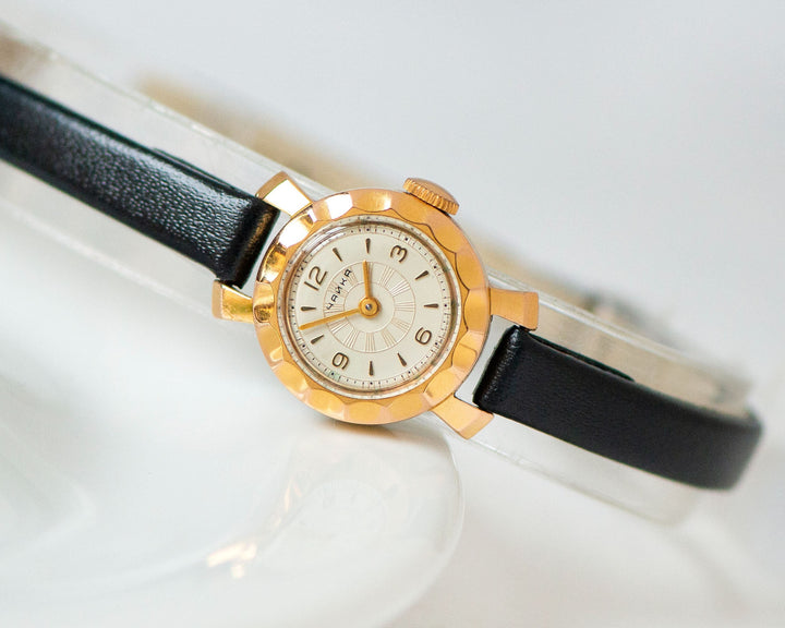 Dainty wristwatch for women gold plated Seagull, classic mid century timepiece feminine wrist jewelry gift, new premium leather strap