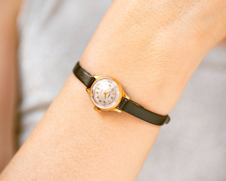 Limited edition women wristwatch Seagull gold plated vintage, minimalist dainty timepiece jewelry gift micro watch, new premium leather band