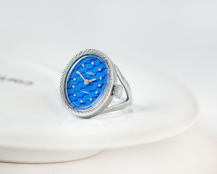 Navy blue women's watch ring Seagull, silver shade oval watch on finger vintage jewelry gift her, 90s lady timepiece rare dial watch jewelry