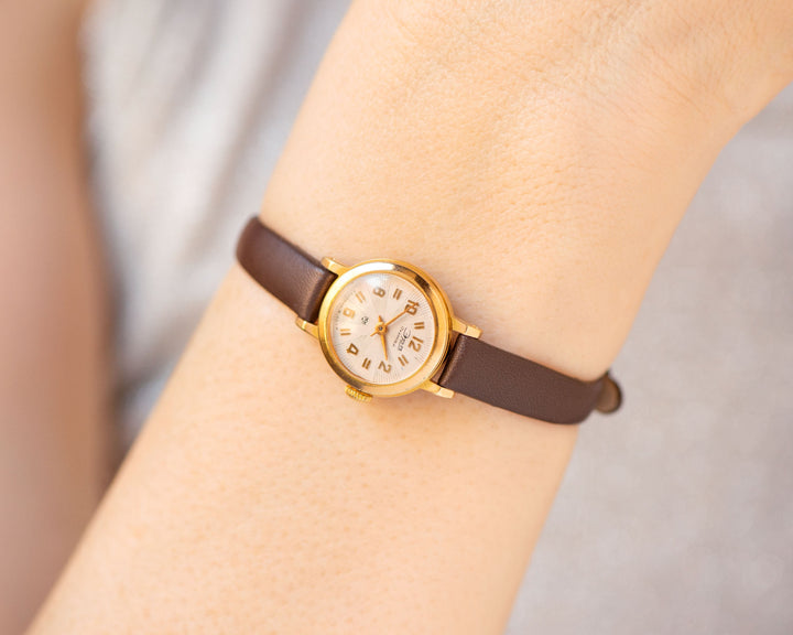 Limited edition women watch gold plated Era, minimalist wristwatch for women, Arabic numerals dial timepiece jewelry gift, new leather strap