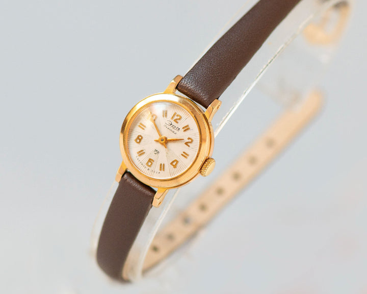 Limited edition women watch gold plated Era, minimalist wristwatch for women, Arabic numerals dial timepiece jewelry gift, new leather strap